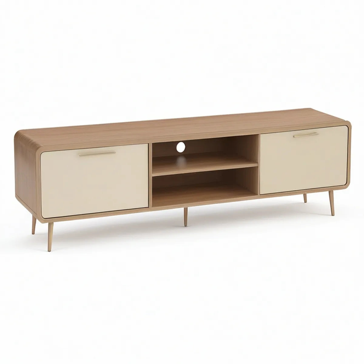 TV-bord i natur/beige med 2 låger og åbne hylder, 180 x 40 x 55 cm