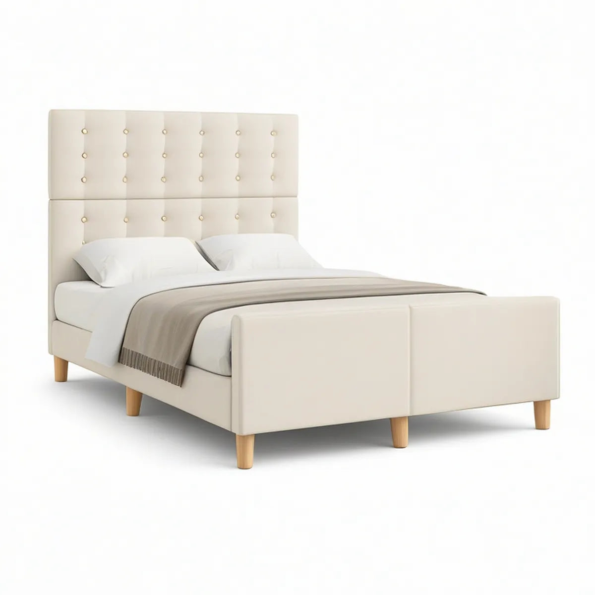 Polstret dobbeltseng i beige polyester med naturfarvede træben, 160 x 200 cm