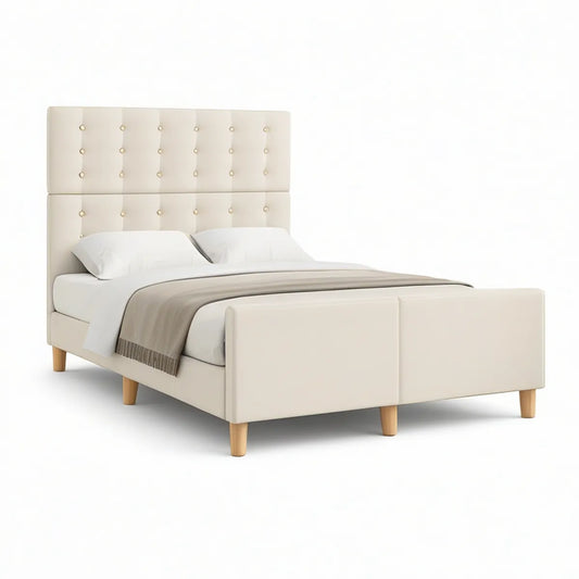 Polstret dobbeltseng i beige polyester med naturfarvede træben, 160 x 200 cm