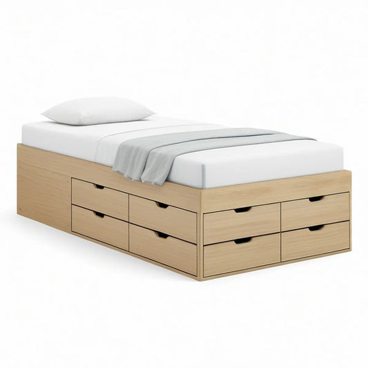 Seng med 8 skuffer til madras 140 x 200 cm, natur, 206 x 146 x 46 cm