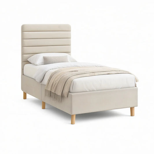 Polstret enkeltseng med sengegavl 90 x 200 cm i beige og naturfarvet