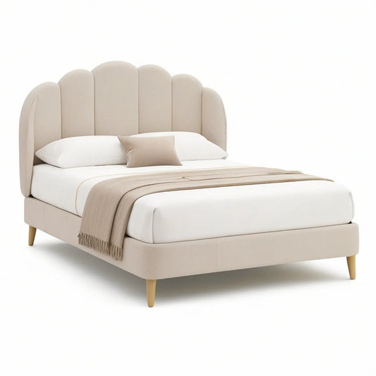 Beige polstret dobbeltseng med buet sengegavl, 160 x 200 cm