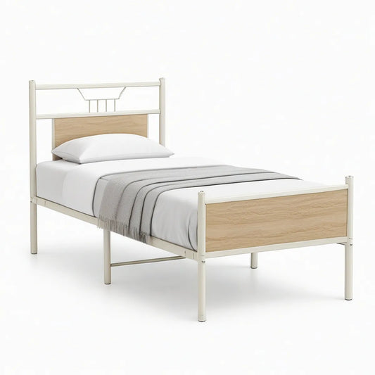 Enkeltsengsramme 90 x 200 cm i hvidt stål og naturfarvet MDF
