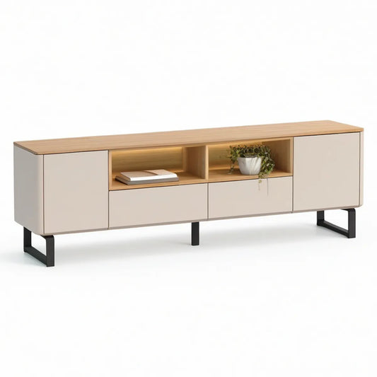 TV-bord i egefarvet, beige og sort MDF med 2 skabe, 2 skuffer og åbne rum, 180 x 40 x 55 cm