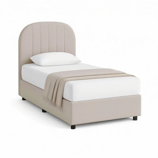 Enkeltseng 90 x 200 cm med afrundet polstret sengegavl i beige