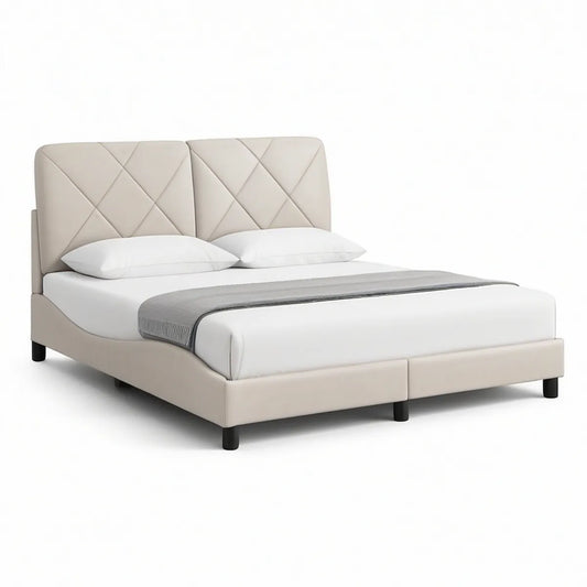 Polstret dobbeltseng 180 x 200 cm med beige sengegavl og sorte ben