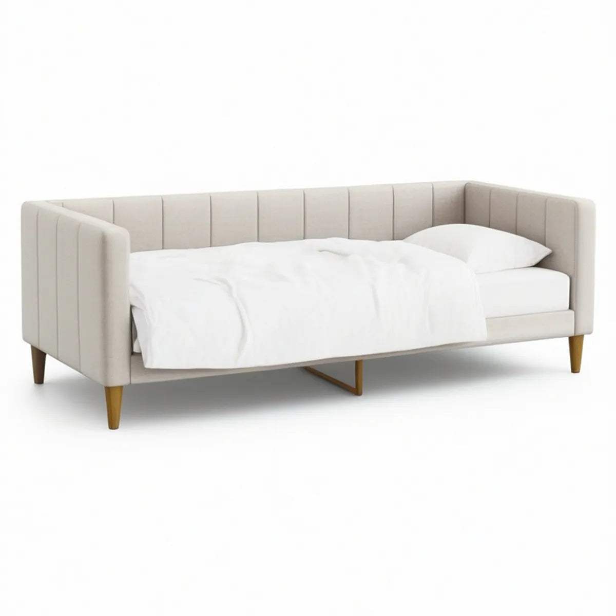 Polstret enkeltseng med faste sidepaneler 90 x 200 cm, beige/natur