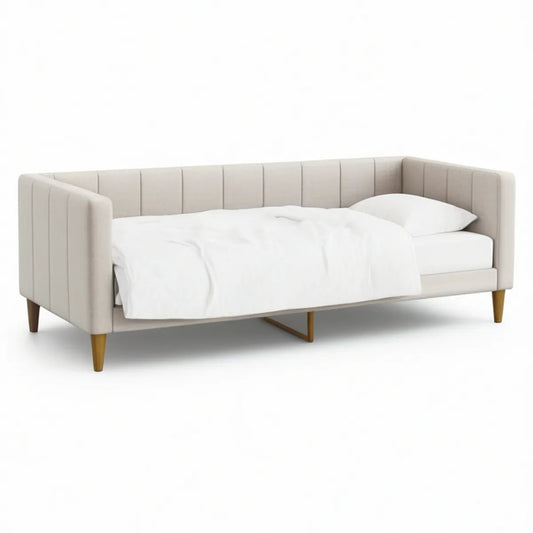 Polstret enkeltseng med faste sidepaneler 90 x 200 cm, beige/natur
